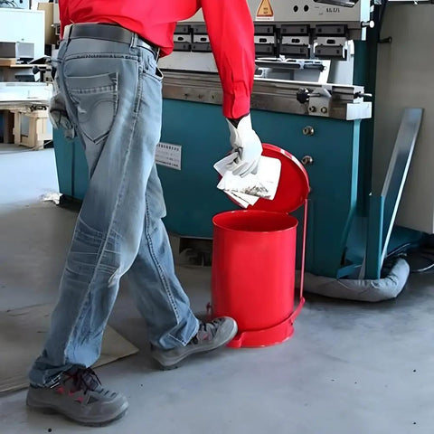 A person using a Heavy Duty Galvanized Steel Oily Waste Can Built Tough As Nails For Shop Use With Hands Free Kick Lever And Rust Proof Finish For Fire Safe Rag Pickup In Garages to dispose of shop towels.