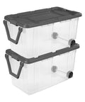 Rugged Pull Along 160 Quart Rolling Storage Tote With Transparent Bottom plastic tote with wheels and lid stacked