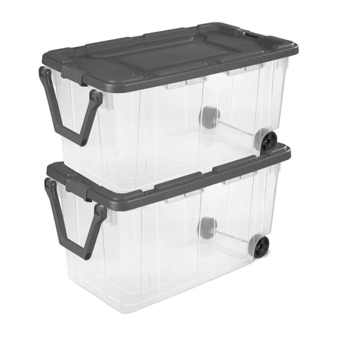 Rugged Pull Along 160 Quart Rolling Storage Tote With Transparent Bottom plastic tote with wheels and lid stacked