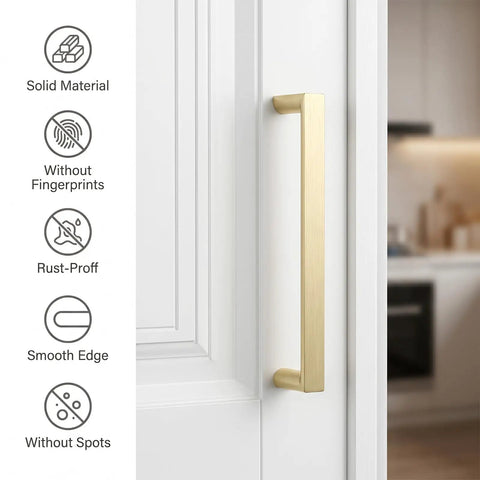 Gold 5 Inch Cabinet Handles Square Brushed Brass Pulls for kitchen cabinets showing features on white surface