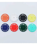 Various colored watch dials including Orange Luminous 28.5mm Watch Dial For NH34 NH35 Movement Fits 3 Oclock 3.8 Oclock And 4.2 Oclock Positions Roman Numeral Style Single Layer Numberless Dial Face Replacement Upgrade For Custom Watch Builds