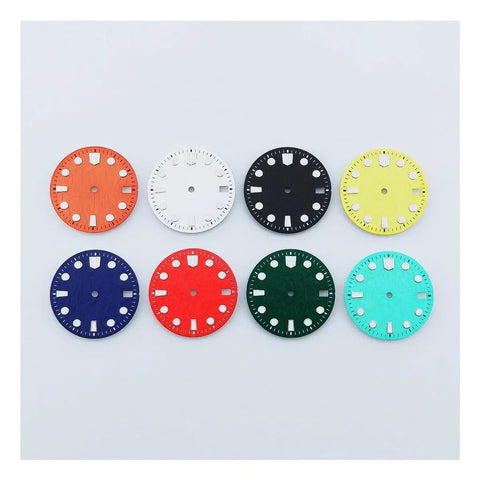 Various colored watch dials including Orange Luminous 28.5mm Watch Dial For NH34 NH35 Movement Fits 3 Oclock 3.8 Oclock And 4.2 Oclock Positions Roman Numeral Style Single Layer Numberless Dial Face Replacement Upgrade For Custom Watch Builds