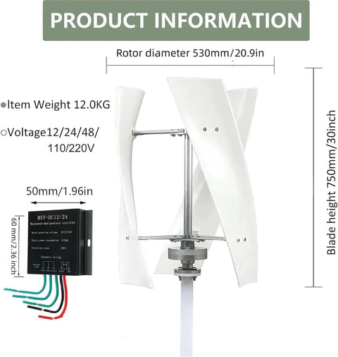 Diagram of 1000W Vertical Wind Turbine Kit With 3 Fiberglass Blades And Controller 12V/24V/48V Output Copper Wire Permanent Magnet Generator