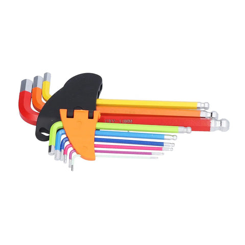 Awesome 9 Piece Colourful Hex Wrench Set With Long Arm Chrome Steel Flat Heads Plus Storage Case For All Your Biking And Home Repair Needs. color-coded hex keys in storage holder