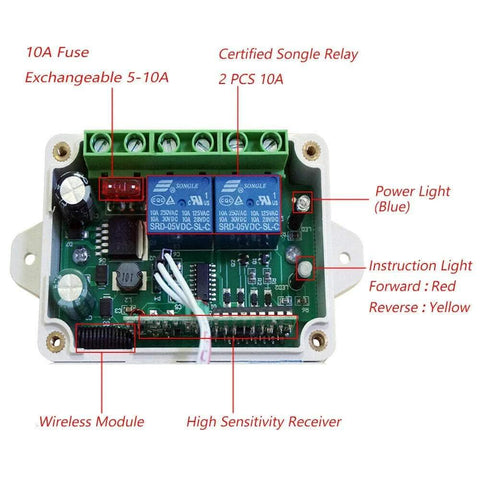 Front view of ECO-WORTHY forward/reverse DC motor controller kit with dual blue Songle relays and wireless module
