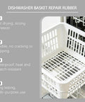 White dishwasher basket repair rubber with features like fast drying, scratch resistant, and flexible material, showcasing 30 ml coating.