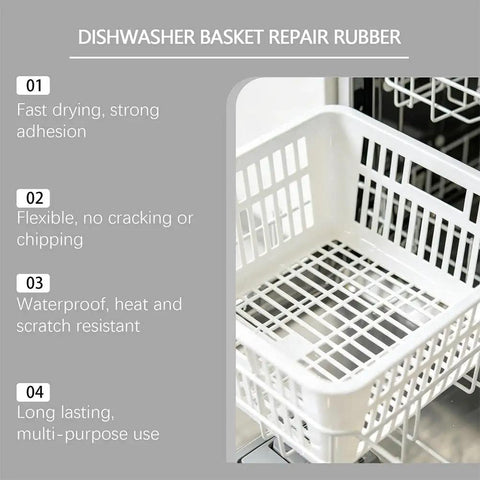 White dishwasher basket repair rubber with features like fast drying, scratch resistant, and flexible material, showcasing 30 ml coating.