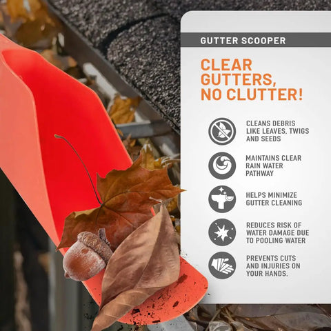 Deep Curved Gutter Scoop For Leaves And Debris, Ergonomic Handle Fights Clogs, High Impact Polypropylene Construction, Easy Cleanup And Quick Debris Dump, Fits Most Rain Gutters For Faster Water Flow. Red gutter scoop removing leaves