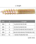 40 Pack M5 Double Headed Hanger Bolts For Wood Furniture Yellow Zinc Plated, bolt size chart showing dimensions