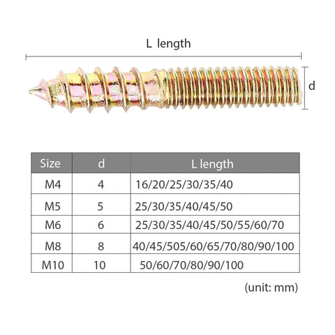 40 Pack M5 Double Headed Hanger Bolts For Wood Furniture Yellow Zinc Plated, bolt size chart showing dimensions