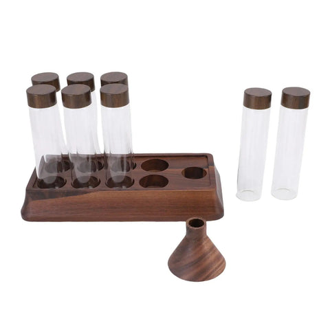 Slay Your Kitchen Game With This Top Shelf Airtight Coffee Bean Cellar Featuring Durable Walnut Wood And Sleek Glass Tubes To Lock In Peak Freshness For Serious Baristas with glass tubes on wooden stand.