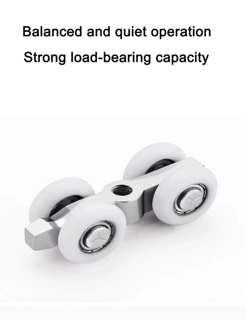 Roller component of Frameless Sliding Glass Door Track Ceiling Mount Rail Hardware Kit In Aluminum By Pass.