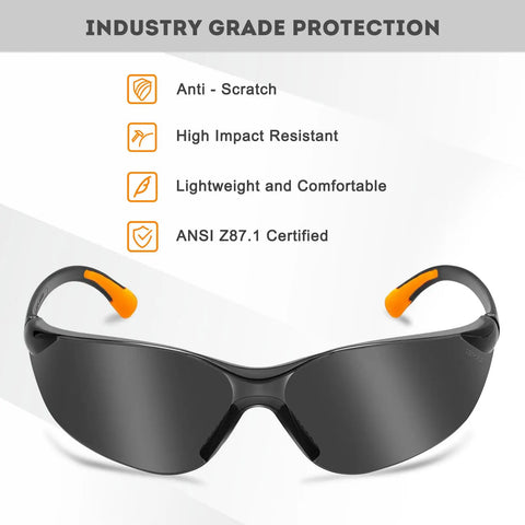 12 Pack Safety Glasses For Men And Women With Anti Fog Scratch Resistant Wrap Around Tinted Smoke Lenses And Non Slip Orange Rubber Grips