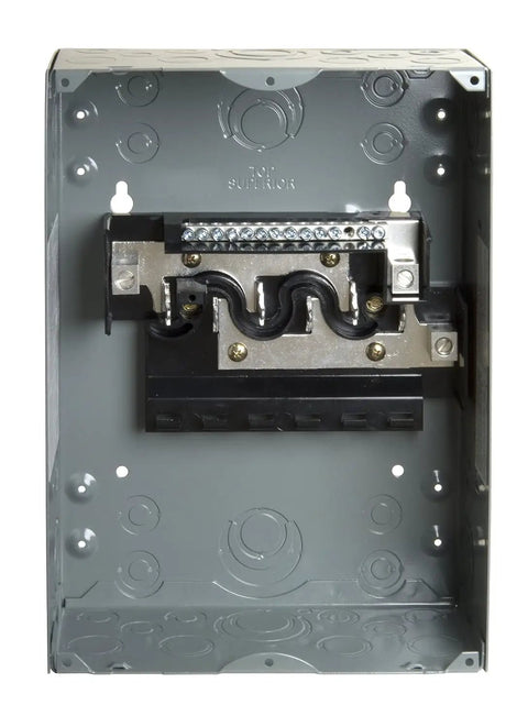 Homeline Load Center With Cover 100 Amp Indoor Electrical Panel showing internal structure and fixed main lugs for home wiring