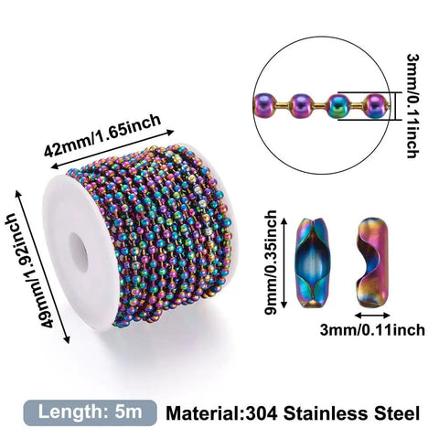 5m 304 Stainless Steel Ball Chain Set With Colorful Beads For DIY Jewelry Making on spool, connectors and 3mm beads shown