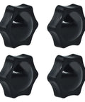 Four Pack One Quarter Inch Twenty Black Nylon Screw On Thru Threaded Knob Nuts With Six Star Hand Tighten Clamping Knobs Brass Insert Durable T Track Style Knob Handles For Easy Workbench Setup, showing top view