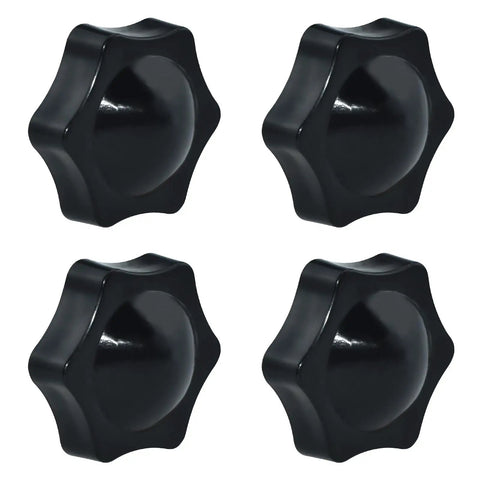 Four Pack One Quarter Inch Twenty Black Nylon Screw On Thru Threaded Knob Nuts With Six Star Hand Tighten Clamping Knobs Brass Insert Durable T Track Style Knob Handles For Easy Workbench Setup, showing top view