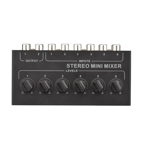 Six Channel Passive Stereo Mixer With RCA Inputs And Two Channel Output, portable audio gear shown from top view.