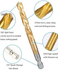 Close-up of a titanium-coated 4341 steel drill bit from the 11 Piece Stripped Screw Extractor Set With Left Hand Drill Bits And Bolt Extractors For Removing Damaged Screws Bolts And Studs Quick Change Adapter Included Hex Shank Beast DIY Ready