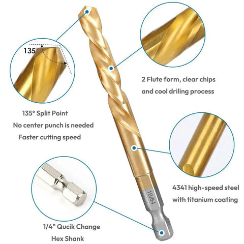 Close-up of a titanium-coated 4341 steel drill bit from the 11 Piece Stripped Screw Extractor Set With Left Hand Drill Bits And Bolt Extractors For Removing Damaged Screws Bolts And Studs Quick Change Adapter Included Hex Shank Beast DIY Ready