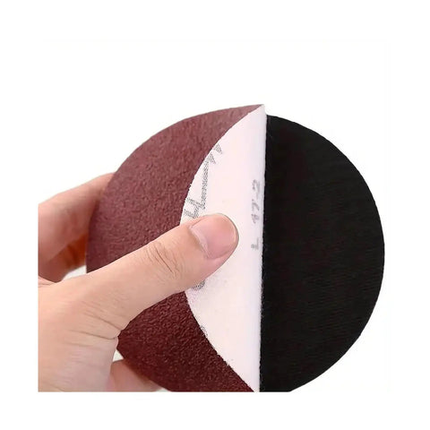 Premium 125mm Hook And Loop Sanding Discs Fit Orbital Sanders Perfectly, showing red and black sanding disc with hook backing.