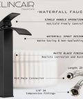 Matte black waterfall faucet with single handle, part of Artistic Tempered Glass Vessel Sink Set With Above Counter Design.