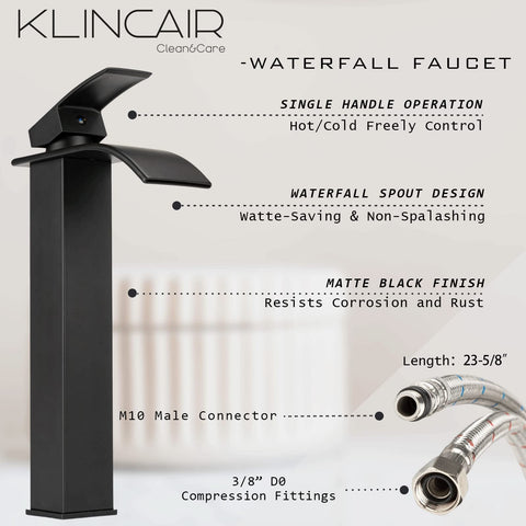 Matte black waterfall faucet with single handle, part of Artistic Tempered Glass Vessel Sink Set With Above Counter Design.