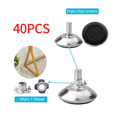 20 Pack Adjustable Leveling Feet For Furniture With Aluminum Glides And Chair Leg Levelers, 8x30mm Thread, 40mm Base Display