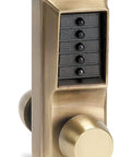 Tough Mechanical Pushbutton Combination Lock With Knob In Antique Brass No Key Override featuring black buttons and knob.
