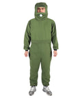 Pro Grade Sand Blasting Hood Suit With Clear Visor, Ventilated Protective Splash Gear shown front view, green color.