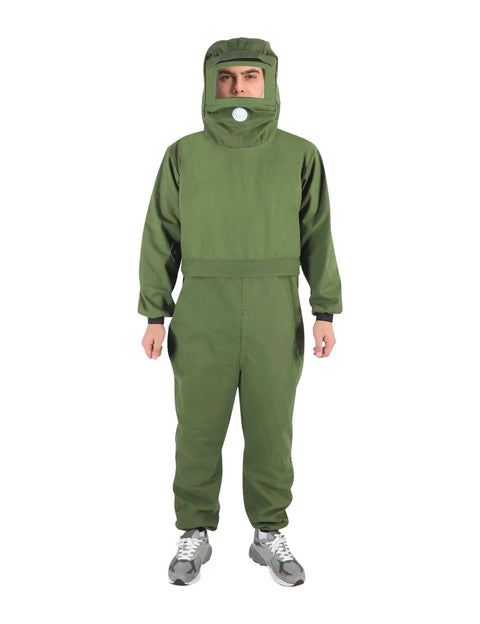 Pro Grade Sand Blasting Hood Suit With Clear Visor, Ventilated Protective Splash Gear shown front view, green color.
