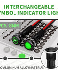 Two Pack 8mm LED Indicator Light 12V-24V IP67 Green Signal Lamp With 180 Interchangeable Symbols, zinc-aluminum alloy