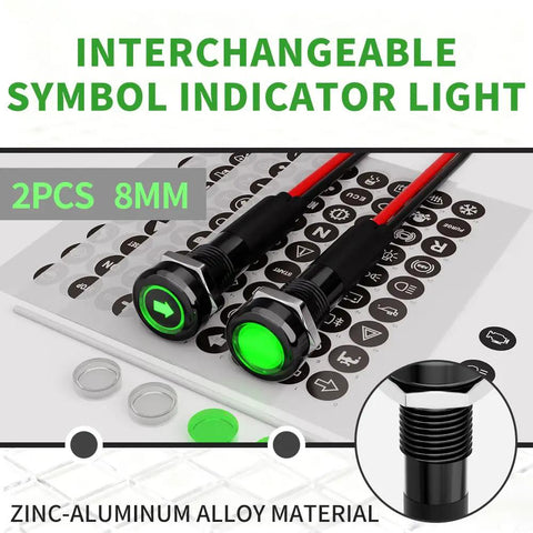 Two Pack 8mm LED Indicator Light 12V-24V IP67 Green Signal Lamp With 180 Interchangeable Symbols, zinc-aluminum alloy