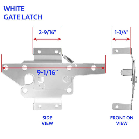 Heavy Duty White Self Closing Vinyl Fence Gate Hardware Kit With Two Adjustable Hinges And Secure Latch dimensions 9-1/16" wide.