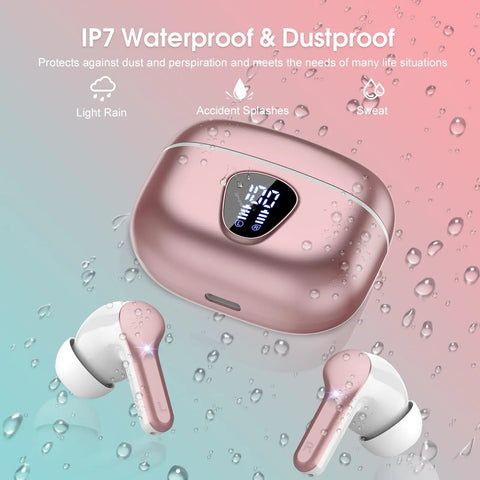 Bluetooth 5.4 Earbuds With ENC Noise Cancelling Mic, Dope HiFi Stereo Sound, IP7 Waterproof In Ear Headphones With LED Battery Display, Rose Gold