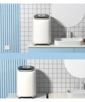 Slick Pocket Sized Portable Washer Dryer Combo Featuring A Heated Gentle Wash Cycle; compact design in a modern bathroom setting.