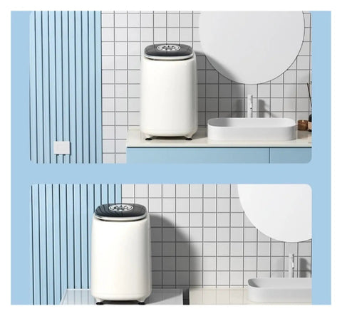 Slick Pocket Sized Portable Washer Dryer Combo Featuring A Heated Gentle Wash Cycle; compact design in a modern bathroom setting.