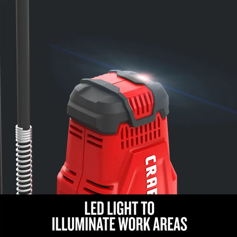 LED light on V20 Cordless Grease Gun With 40 Inch Hose, LED Light, 10,000 PSI, Dual Speed Transmission, Variable Trigger, illuminate area