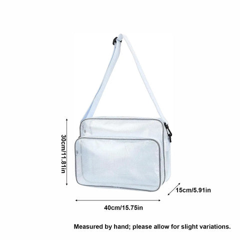 15 Point 7 Inch Transparent Anti Static Cleanroom Engineer Shoulder Bag With Adjustable Strap Durable Abrasion Resistant Pvc Tool Hauler Front view showing dimensions and design.