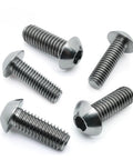 Five titanium alloy button-head hex-socket screws, silver, metric sizes, shown from multiple angles.