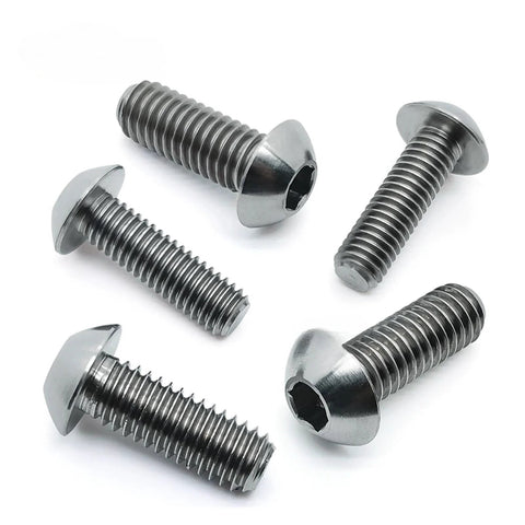 Five titanium alloy button-head hex-socket screws, silver, metric sizes, shown from multiple angles.
