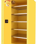 Big Time Paint And Ink Storage Cabinet, 120 Gallon Capacity, yellow steel locker with five shelves and open sliding door.