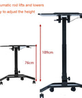 Height Adjustable Rolling Laptop Stand With Locking Casters Sleek Tilt Bed Desk For Sofa Hassle Free Mobility Solid Wood Desktop Heavy Duty shows height adjustment feature with measuring scale.