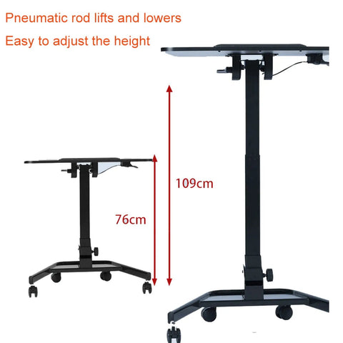 Height Adjustable Rolling Laptop Stand With Locking Casters Sleek Tilt Bed Desk For Sofa Hassle Free Mobility Solid Wood Desktop Heavy Duty shows height adjustment feature with measuring scale.