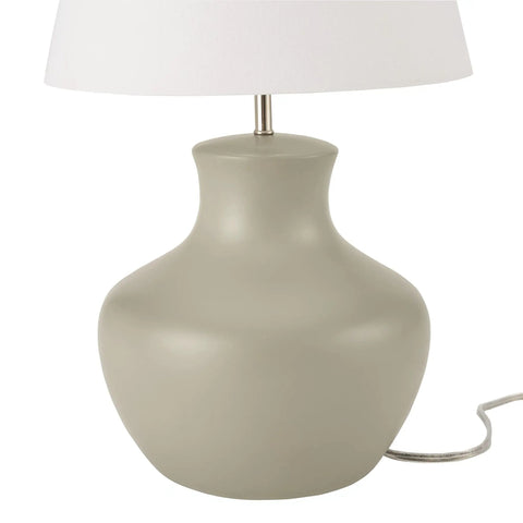 Grey Organic Gourd Ceramic Table Lamp with white shade, 18 inch tall with rotary switch, 80 inch clear cord visible