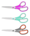 Three Pack Colorful 8 Inch Stainless Steel All Purpose Scissors With Go-To Ultra Sharp Blades And Comfort Grip Handles In Green Purple Orange For School Office Home Sewing Craft Projects, shown in purple, mint, and gray