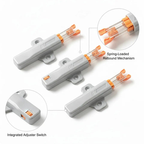 Push Latch for Handle Free Cabinet Doors With Spring Loaded Rebound Mechanism PP plastic, showing adjuster switch and rebound mechanism.