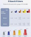 5 sizes and colors of 50 Pcs Colorful Wire Nuts And Wire Caps Assortment Kit For 10-22 AWG - Spring-Loaded Electrical Wire Connectors.