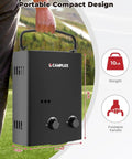Portable Outdoor Propane Tankless Water Heater 1.32 GPM 5L Black AY132B with foldable handle shown in outdoor setting.