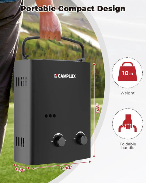 Portable Outdoor Propane Tankless Water Heater 1.32 GPM 5L Black AY132B with foldable handle shown in outdoor setting.